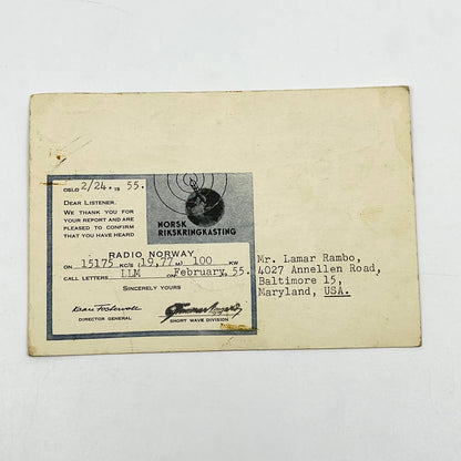 1955 QSL Radio Card LLM Oslo Norway Lamar Rambo SC6
