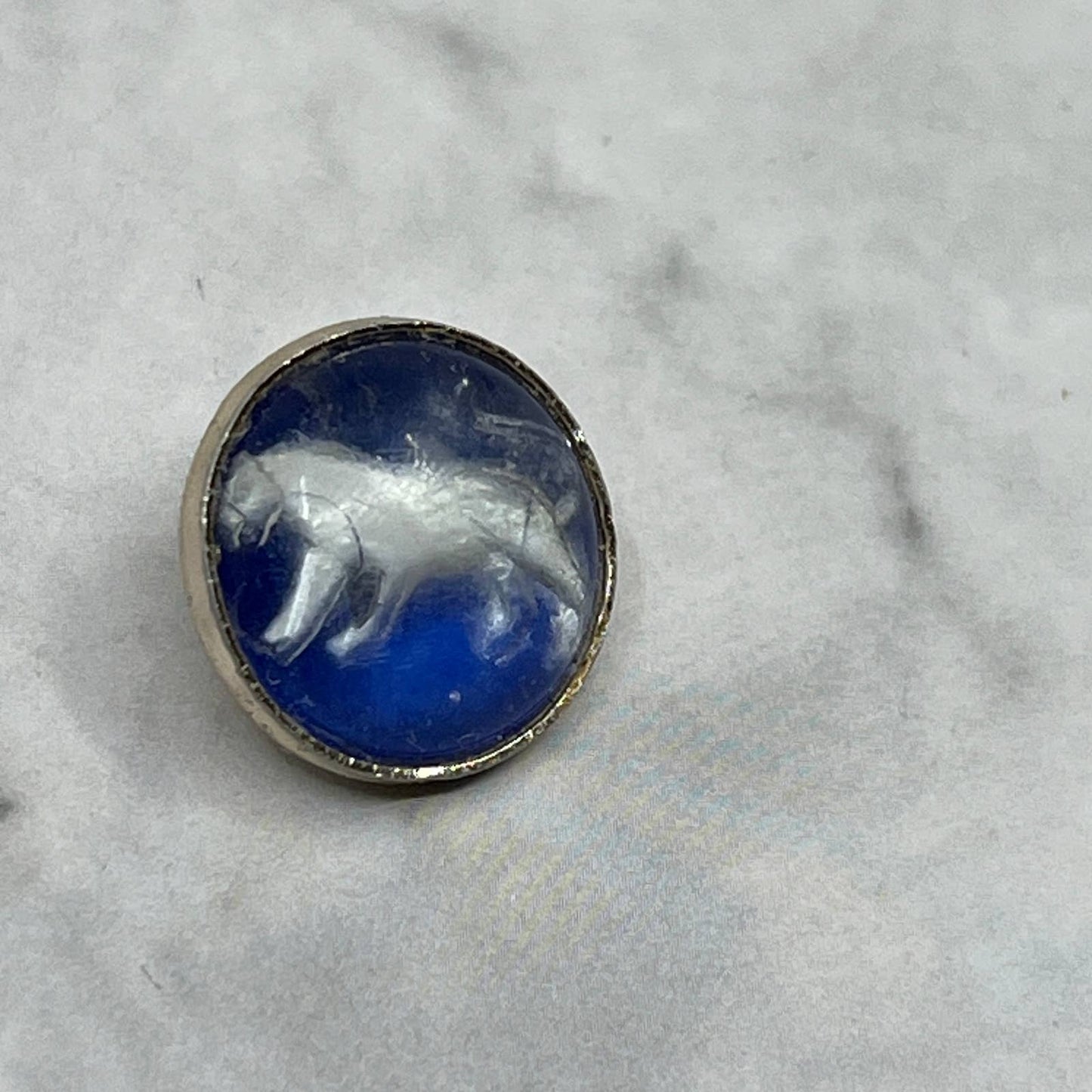 Vintage Small Blue Button Charm With Silver Tone Horse Inlay SE7