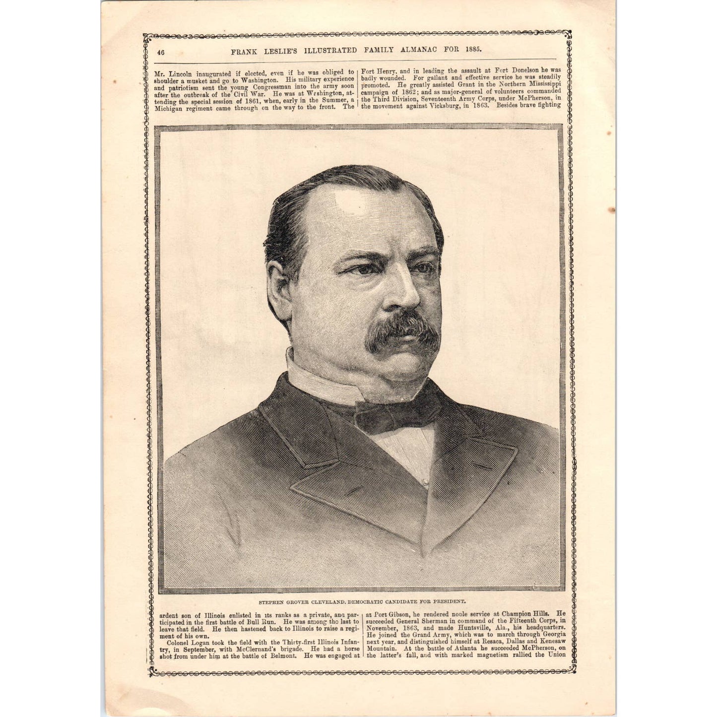 1885 Engraving Stephen Grover Cleveland Candidate for President 7.75x11" AD4