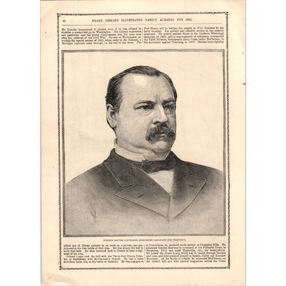 1885 Engraving Stephen Grover Cleveland Candidate for President 7.75x11" AD4