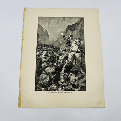 1880s Victorian Art Print Engraving Pulci ROLAND AT THE BATTLE OF RONCESVALLES