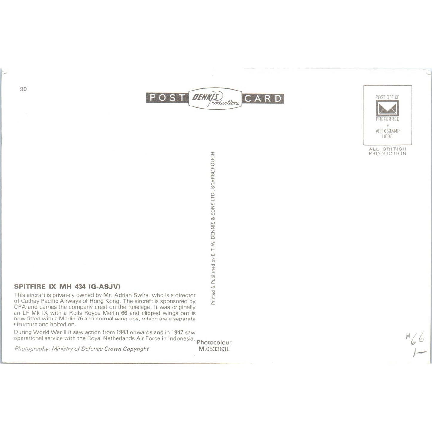 Spitfire IX MH 434 (G-ASJV) Original Postcard TK1-P19