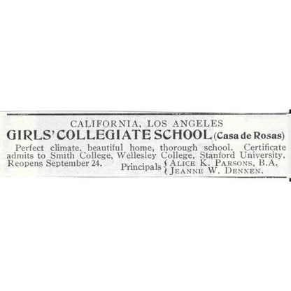 Los Angeles CA Girls Collegiate School Alice K. Parsons 1903 Original Ad AK5-S28