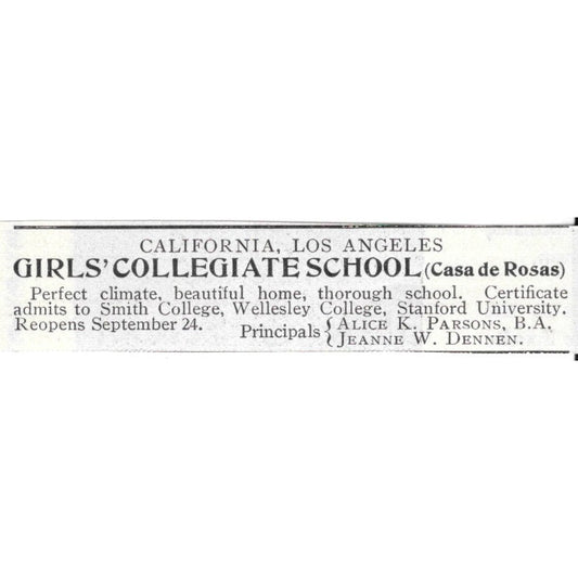 Los Angeles CA Girls Collegiate School Alice K. Parsons 1903 Original Ad AK5-S28