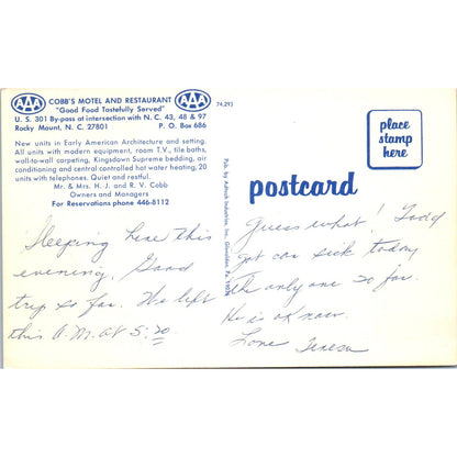 Cobb's Motel & Restaurant Rocky Mount NC HJ & RV Cobb Original Postcard P3-3