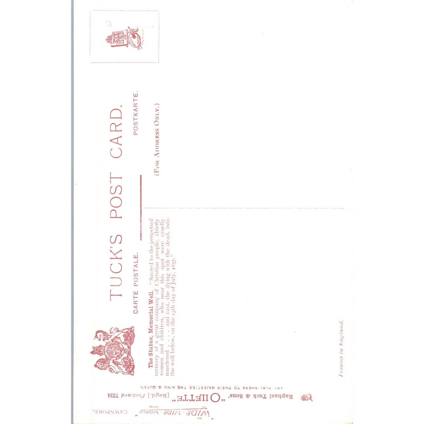 Cawnpore The Statue Memorial Well Raphael Tuck Oilette Original Postcard TK1-P17