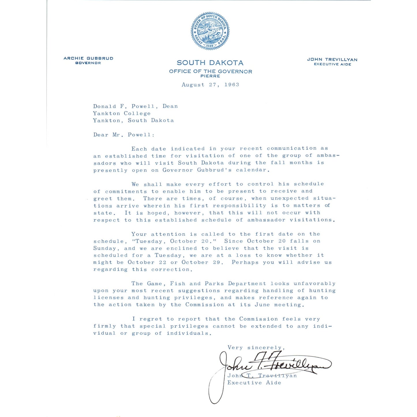 South Dakota Governor Archie Gubbrud Letterhead Memo Aug 27, 1963 B10