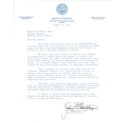 South Dakota Governor Archie Gubbrud Letterhead Memo Aug 27, 1963 B10