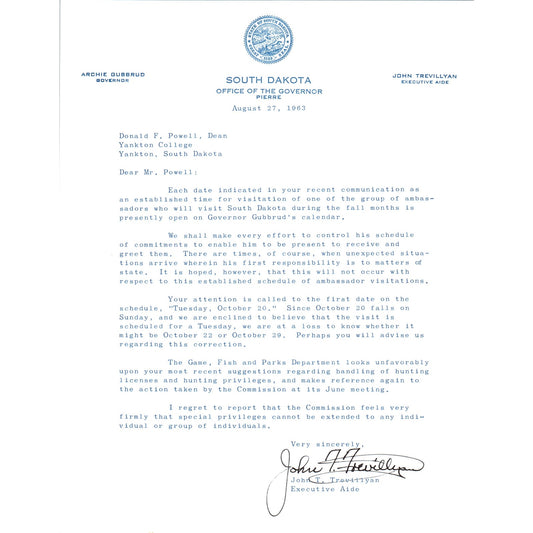 South Dakota Governor Archie Gubbrud Letterhead Memo Aug 27, 1963 B10