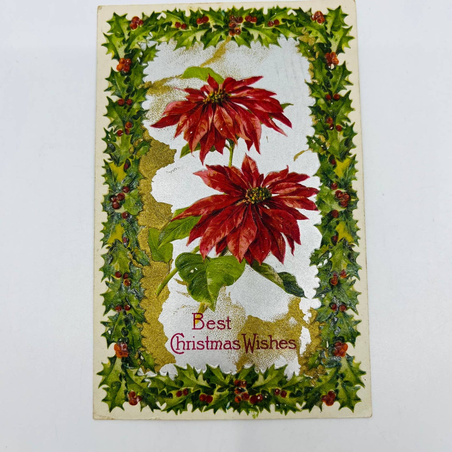 1910s Christmas Post Card WINSCH Back Embossed Poinsettia Holly Garland PA4