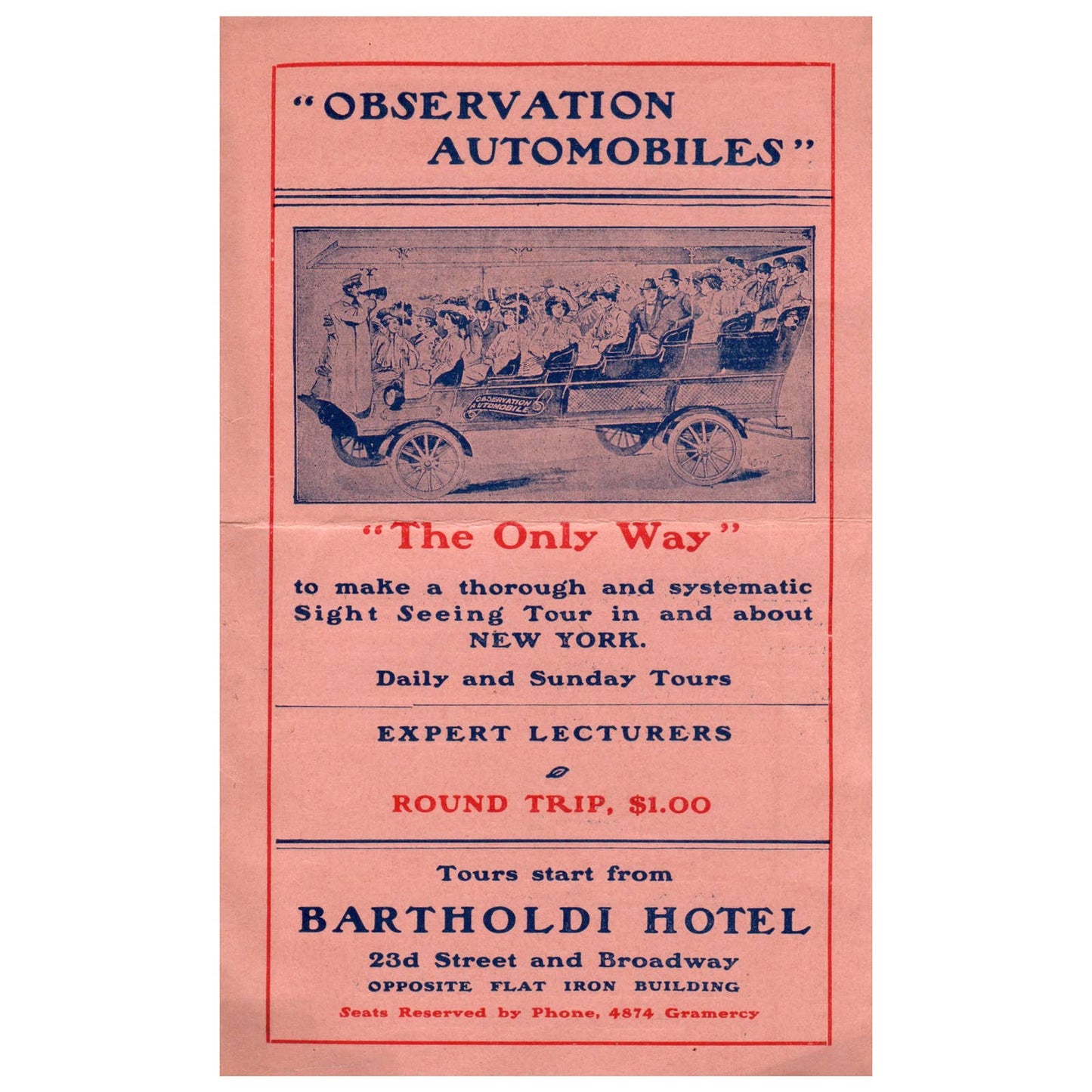 Antique Travel Brochure - Observation Automobiles Bartholdi Hotel Manhattan AD8