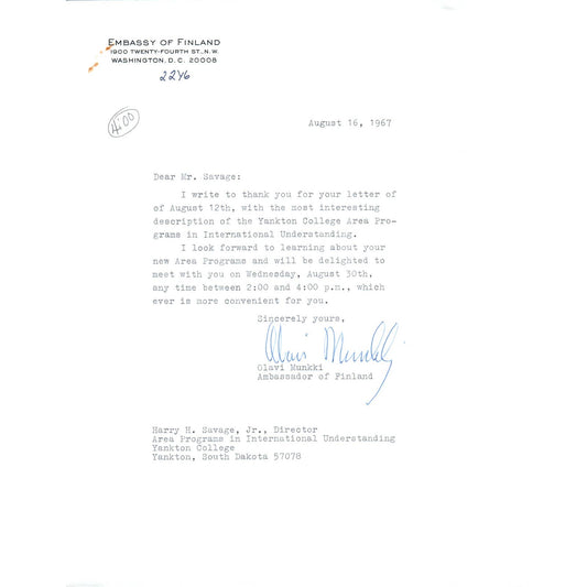 Finland Embassy Official Letterhead Memo Olavi Munkki Aug 1967 TK1-P11