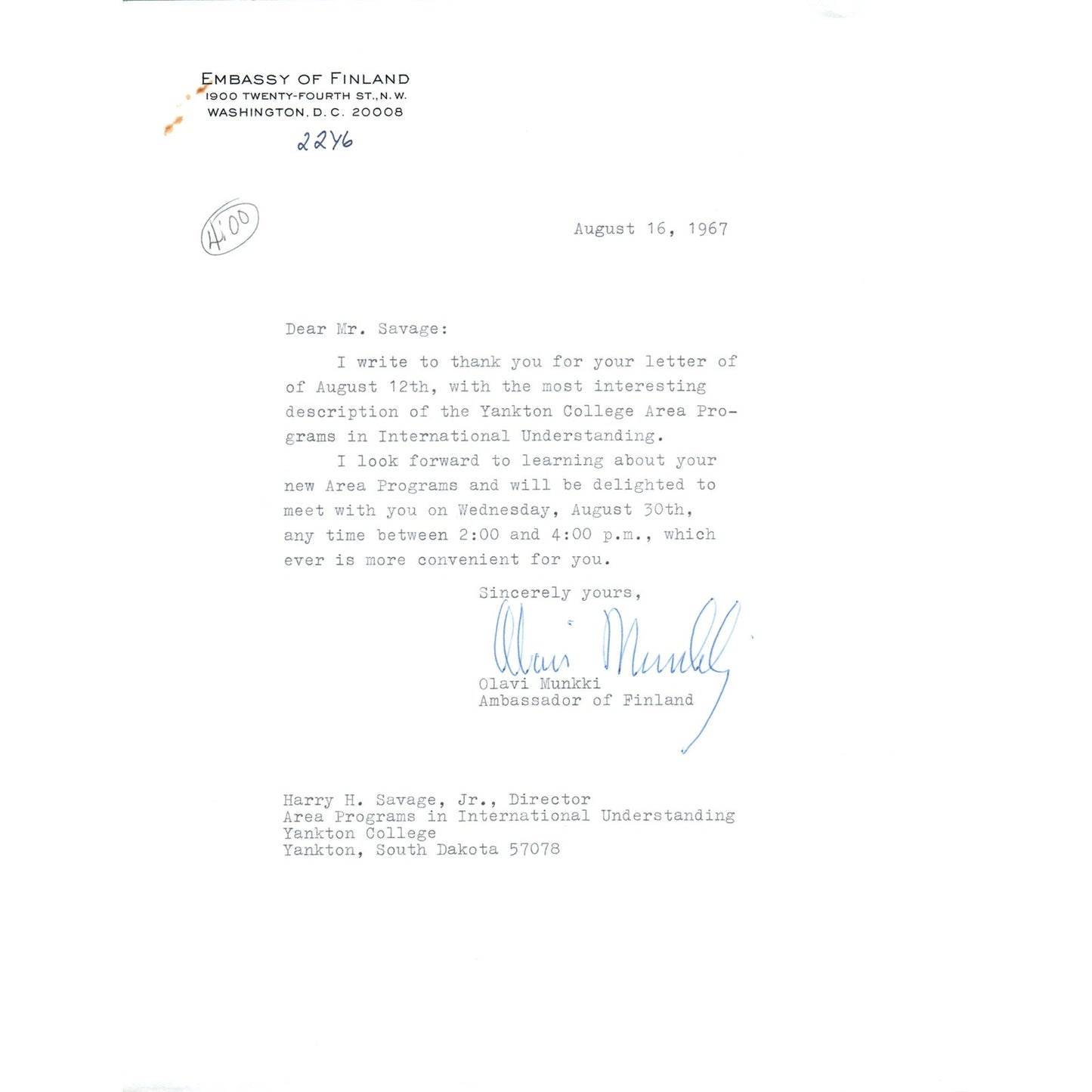 Finland Embassy Official Letterhead Memo Olavi Munkki Aug 1967 B15