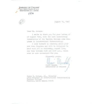 Finland Embassy Official Letterhead Memo Olavi Munkki Aug 1967 B15