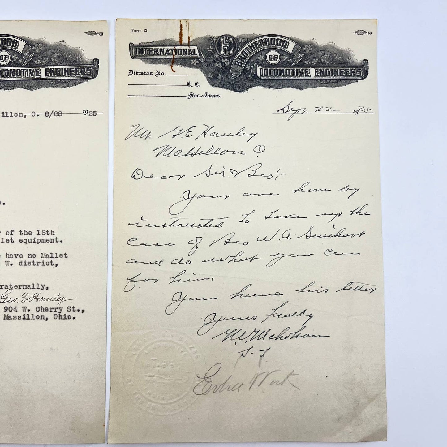 1925 International Brotherhood of Locomotive Engineer Letterhead Lot of 2 AB2-2