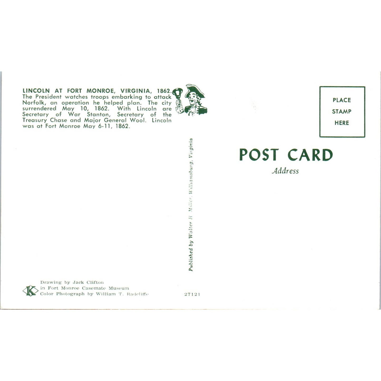 Lincoln at Ft. Monroe Virginia Drawing by Jack Clifton Original Postcard TK1-26