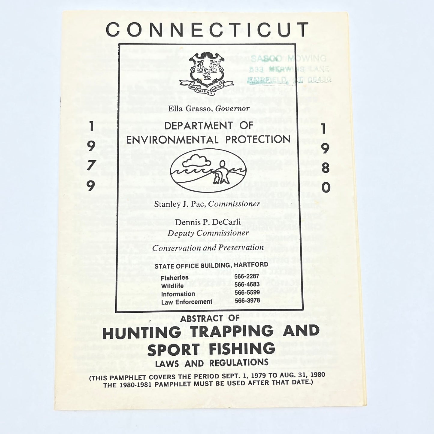 1978 Connecticut Hunting Trapping and Sport Fishing Book Sasoo Mowing Stamp H5-3