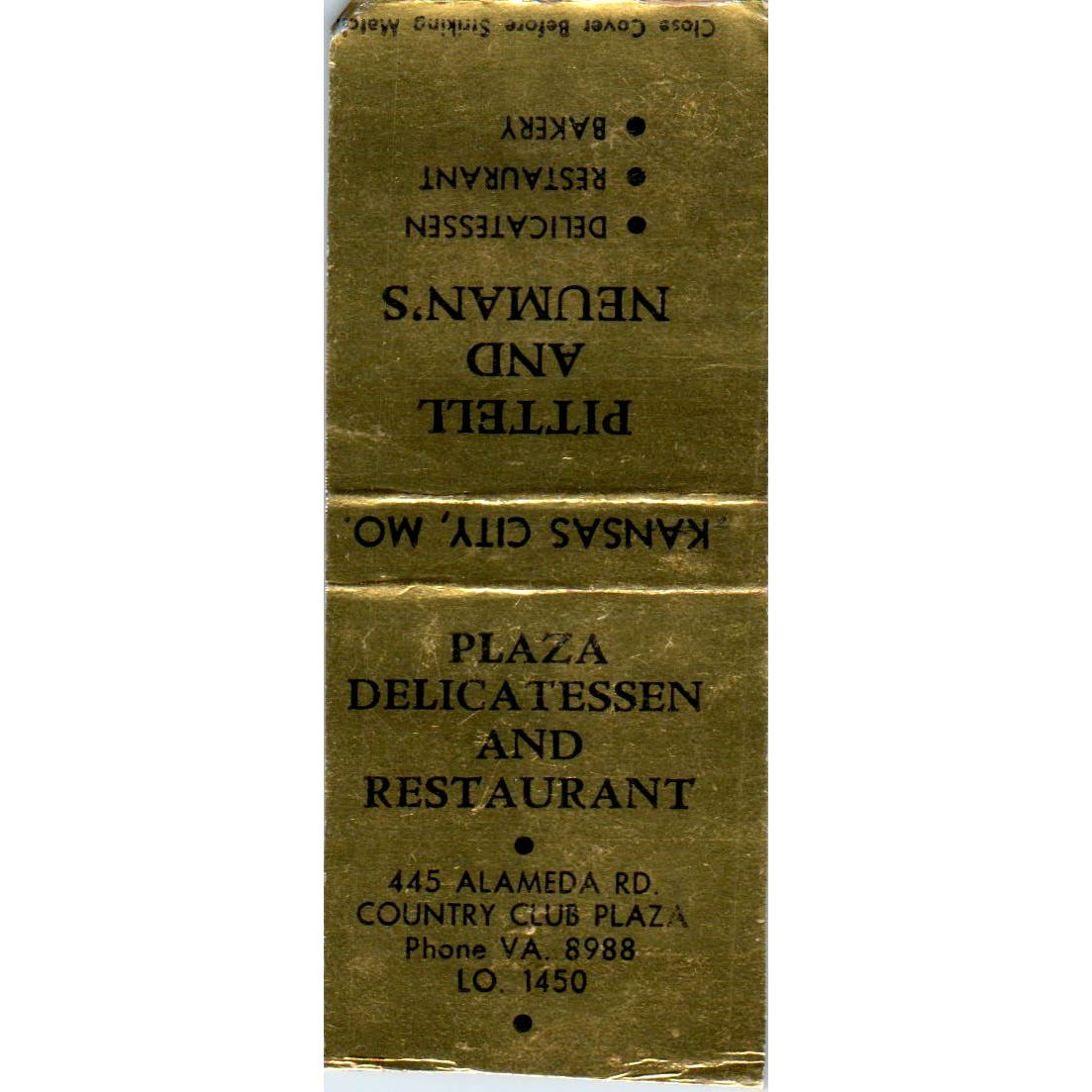 Pittell & Neuman's Restaurant Kansas City MO Advertising Matchbook Cover SA9-M2