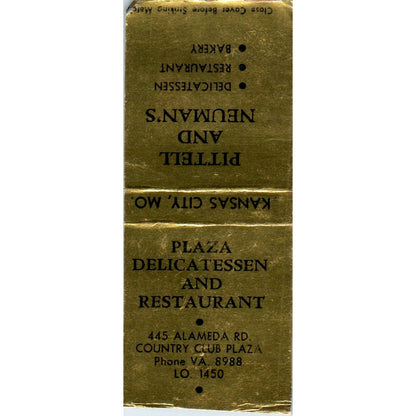 Pittell & Neuman's Restaurant Kansas City MO Advertising Matchbook Cover SA9-M2