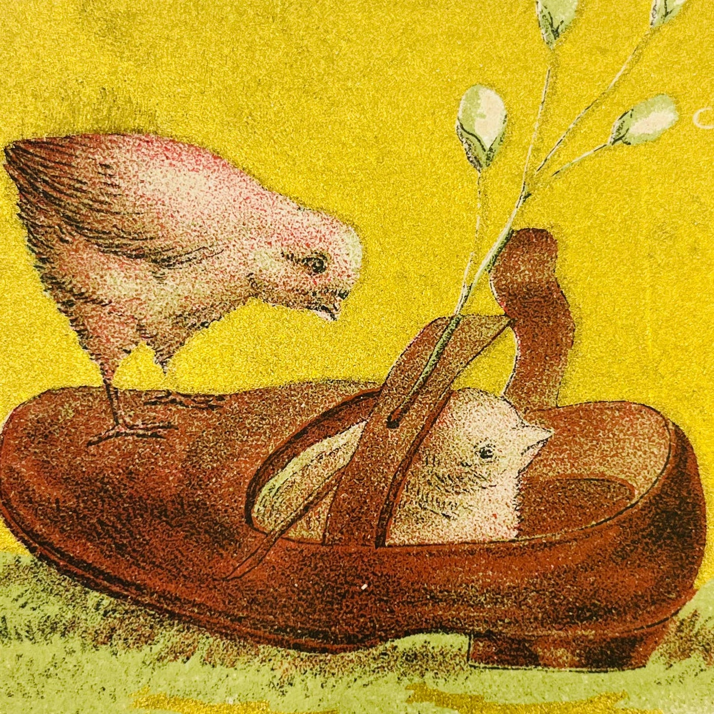 1910s Easter Post Card Gold Background Baby Chicks in Girl’s Shoe PA5