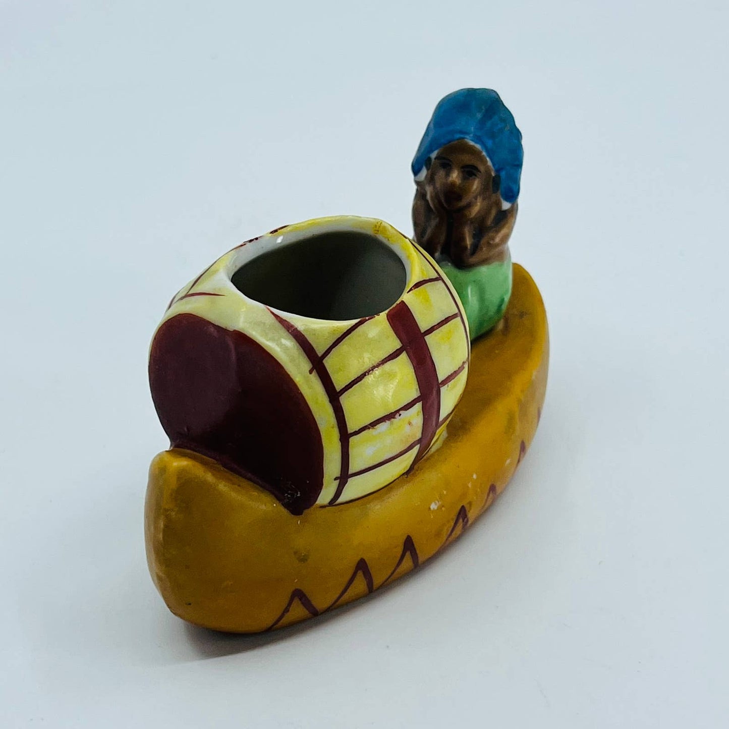 Vintage Japan Hand Painted Native American Chief Canoe Candle Holder 4” TB5