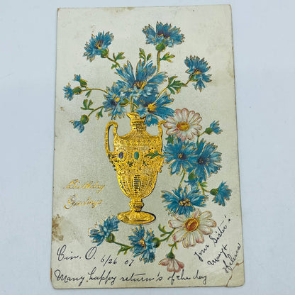 1907 Birthday Post Card Embossed Dresden Cloisonné Style Cornflower Bouquet PA5