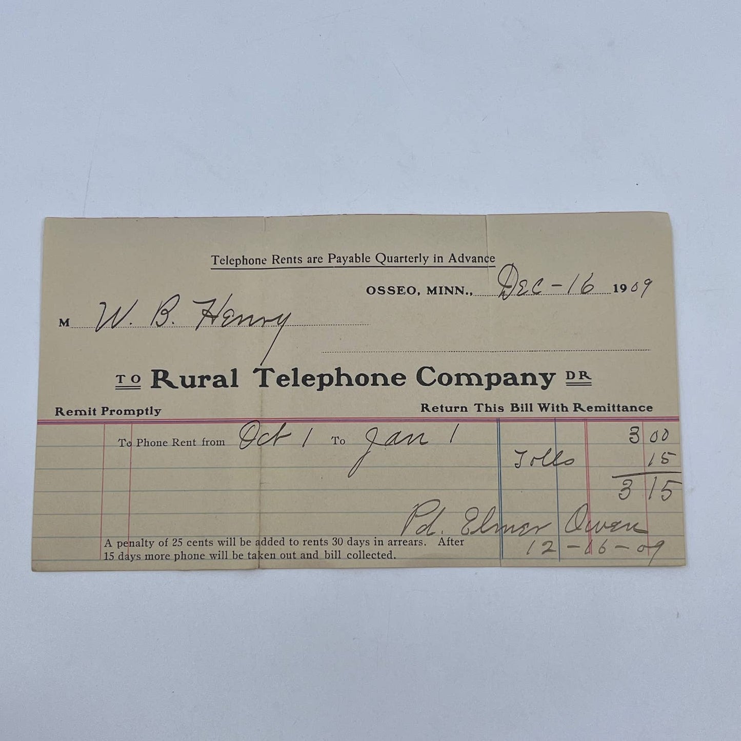 1909 Phone Bill Rural Telephone Company Osseo MN AB7