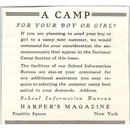 c1920 Magazine Ad -Boys and Girls Camp Harper's School Information Bureau EA3