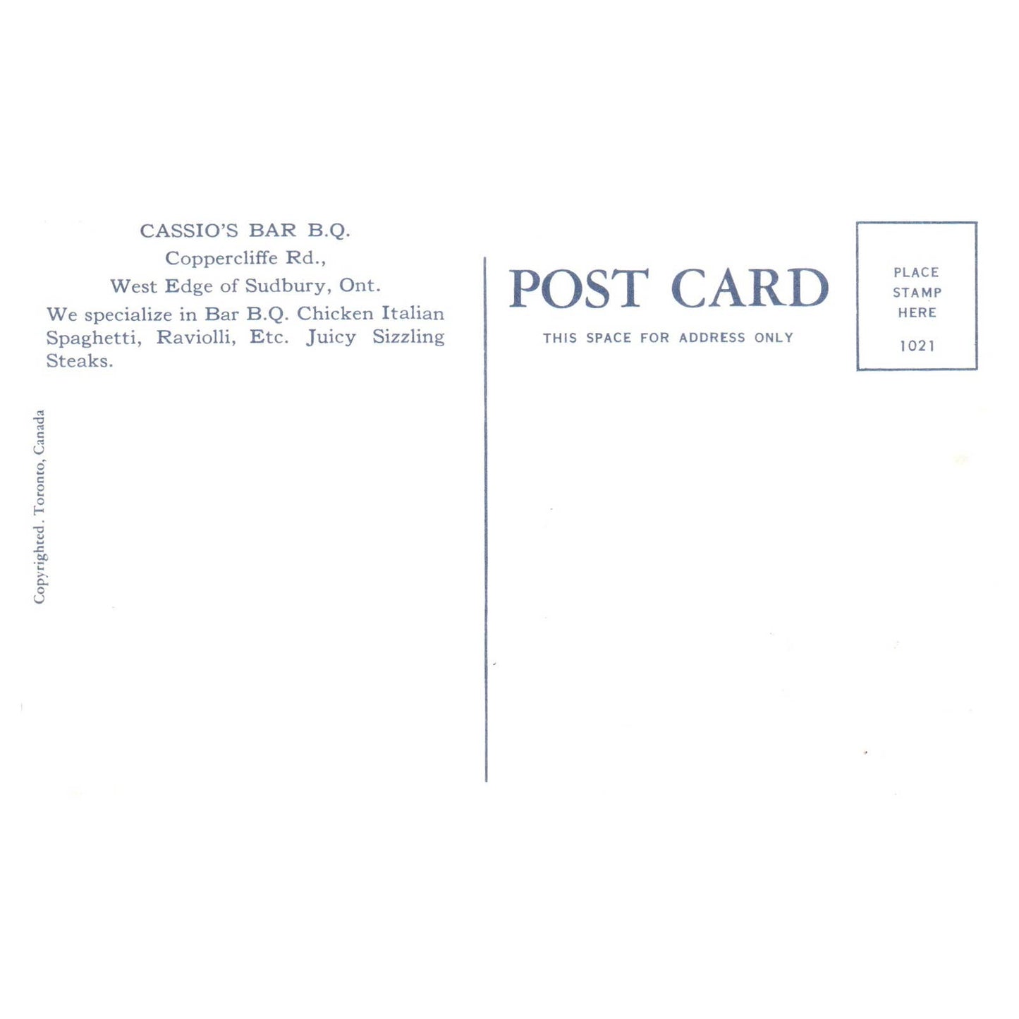 Cassio's Bar B.Q. Coppercliffe Rd Sudbury Ontario Canada - Postcard TJ8-2