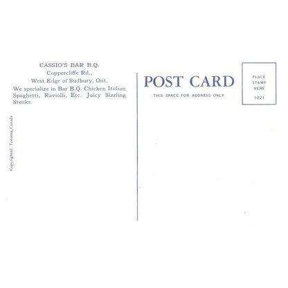 Cassio's Bar B.Q. Coppercliffe Rd Sudbury Ontario Canada - Postcard TJ8-2