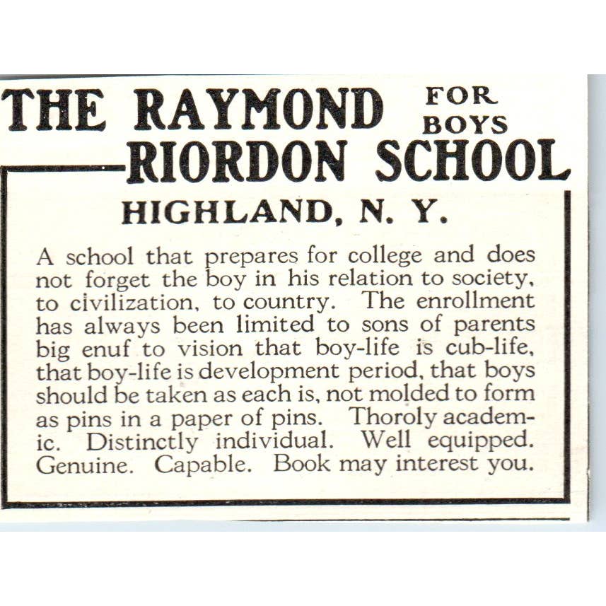 c1920 Harper's Magazine Ad The Raymond Riordon School for Boys Highland NY EA3-1