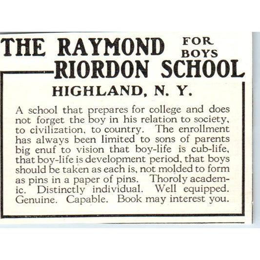 c1920 Harper's Magazine Ad The Raymond Riordon School for Boys Highland NY EA3-1