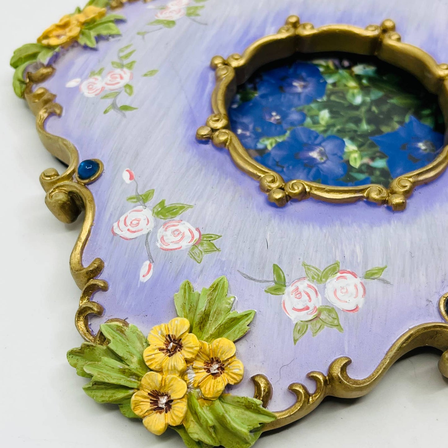 VTG Ornate Cast Resin Hand Painted Floral Frame 6 1/2 x 6 1/2 Fits 3x3 Pic TC1