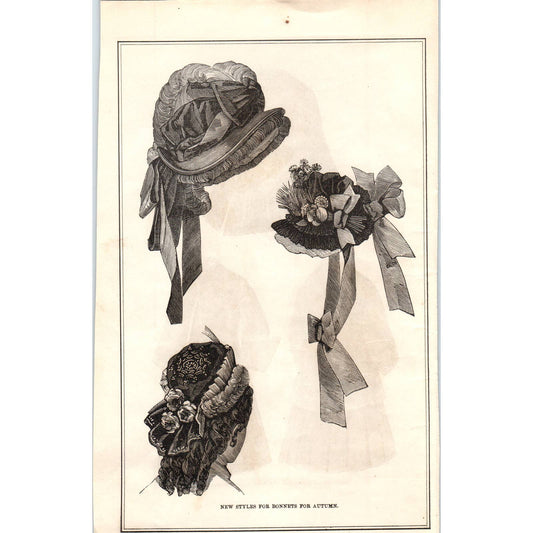 Ladies' Bonnets New Styles - Victorian Fashion Plate 1878 Original Plate TJ7-L2