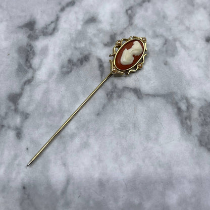 Vintage Avon Victorian Style Cameo with Faux Pearls Gold-Tone Stick Pin SE6