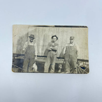 c1910 RPPC Real Photo Postcard 3 Men Farmers in Overalls and Hats SC9