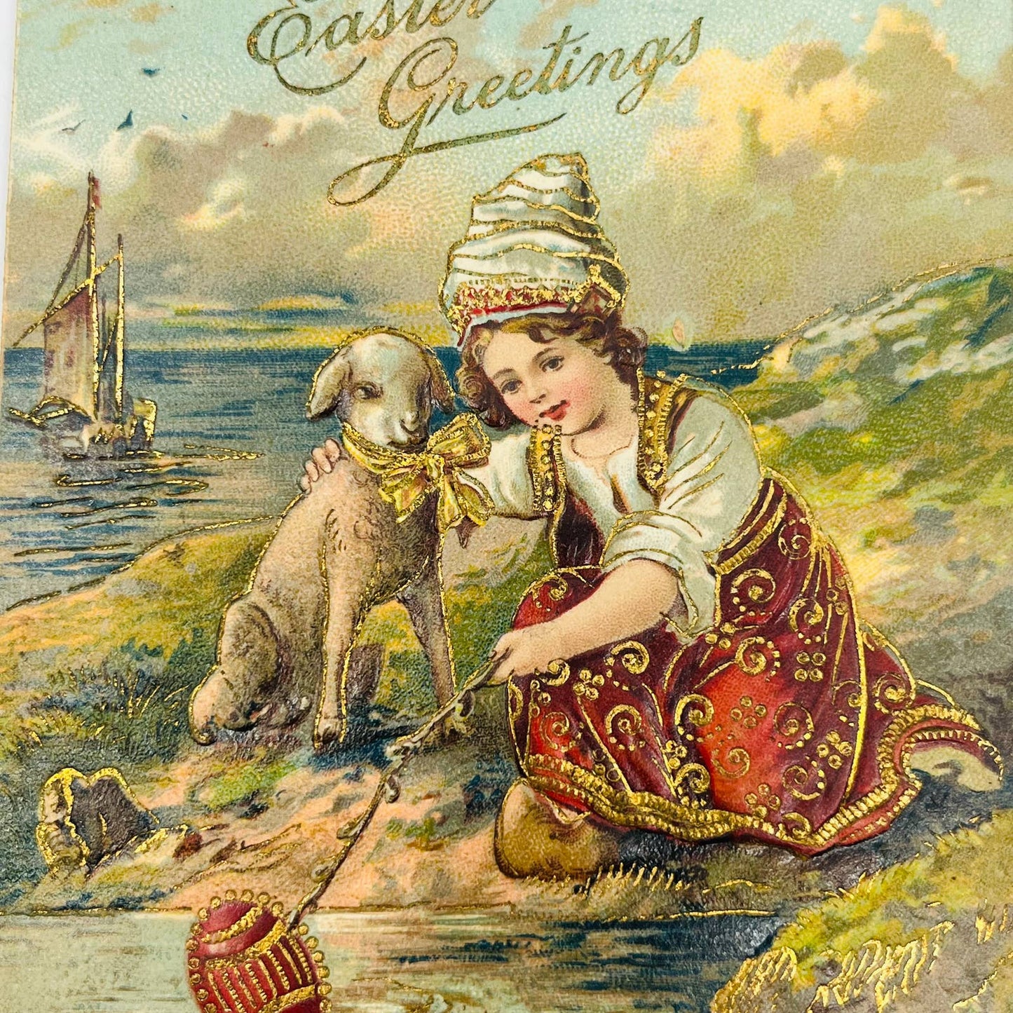 1910s Easter Post Card Embossed Cloisonné Style Girl Fishing Lamb Sailboat PA5