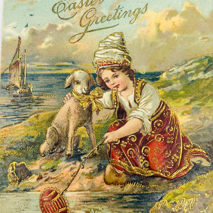 1910s Easter Post Card Embossed Cloisonné Style Girl Fishing Lamb Sailboat PA5