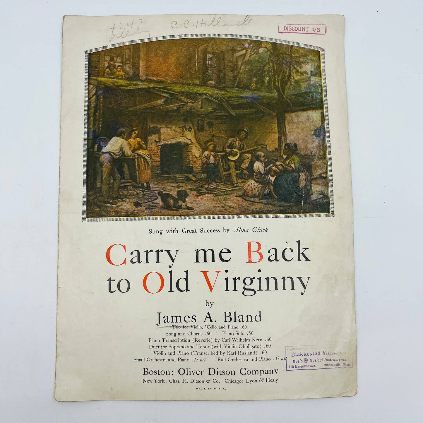 1922 Carry Me Back to Old Virginny Alma Gluck James A Bland Sheet Music