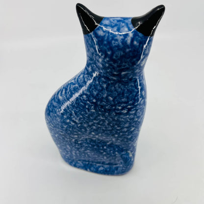 Vtg Calico China Blue Sponge Ware Design Sitting Cat Figurine Folk Art 11” TC2