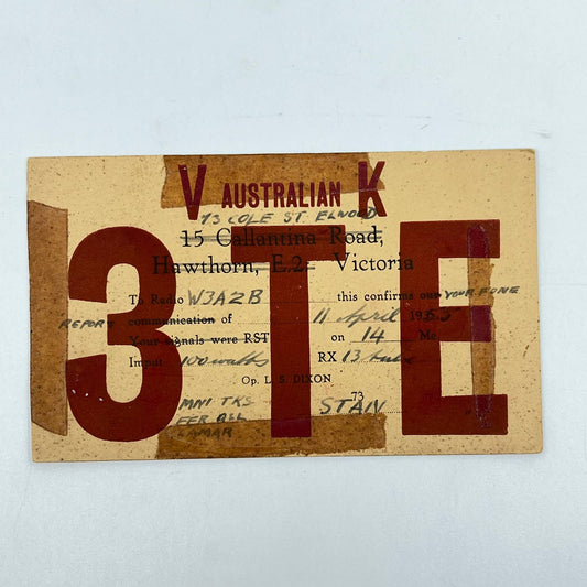 1955 QSL Radio Card VK3TE Hawthorn Victoria Australia Lamar Rambo SC6