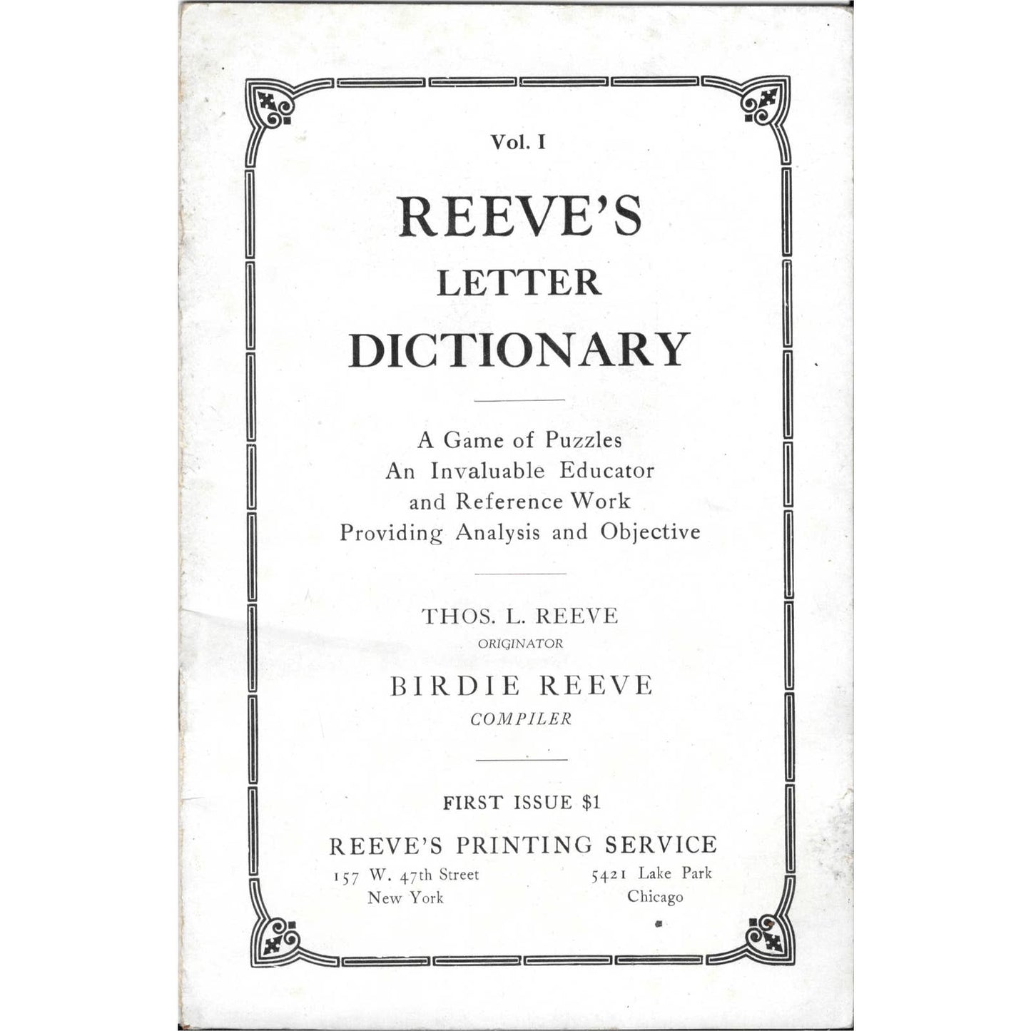 1925 Reeve's Letter Dictionary Game Of Puzzles  Thos. L. Reeve Birdie Reeve TJ7