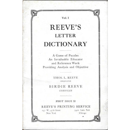 1925 Reeve's Letter Dictionary Game Of Puzzles  Thos. L. Reeve Birdie Reeve TJ7