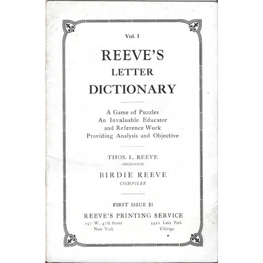1925 Reeve's Letter Dictionary Game Of Puzzles  Thos. L. Reeve Birdie Reeve TJ7