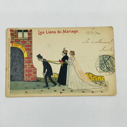 1904 Post Card Humor Illustrated Bride Mother in Law Man in Chains French PA6