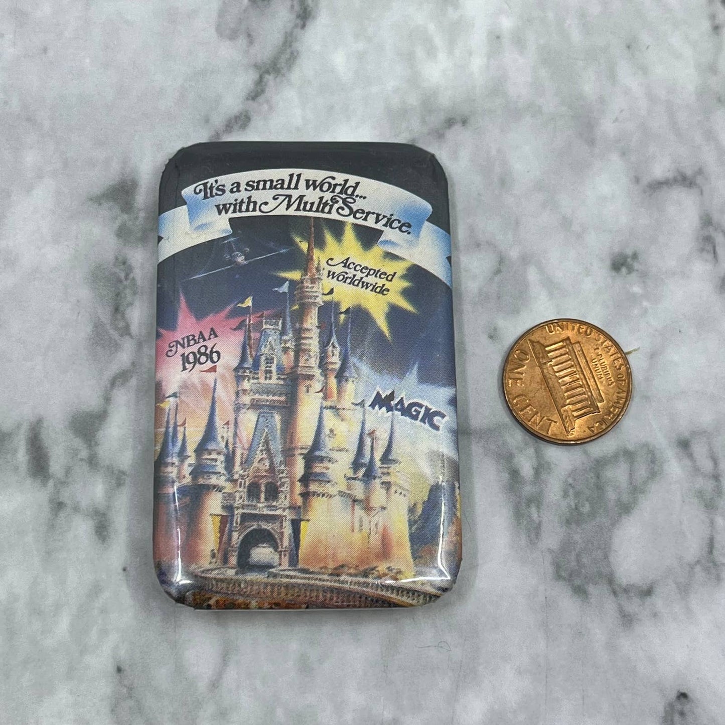 Vintage Disney Small World With MultiService NBAA 1986 Pinback Button Pin SF1