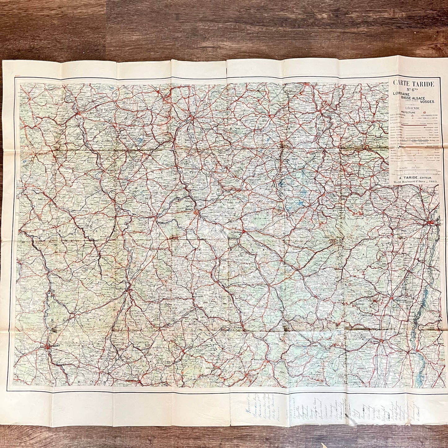 1920s-30s Carte Taride French Map Lorraine Basse-Alsace Voseges 36x28” TE1