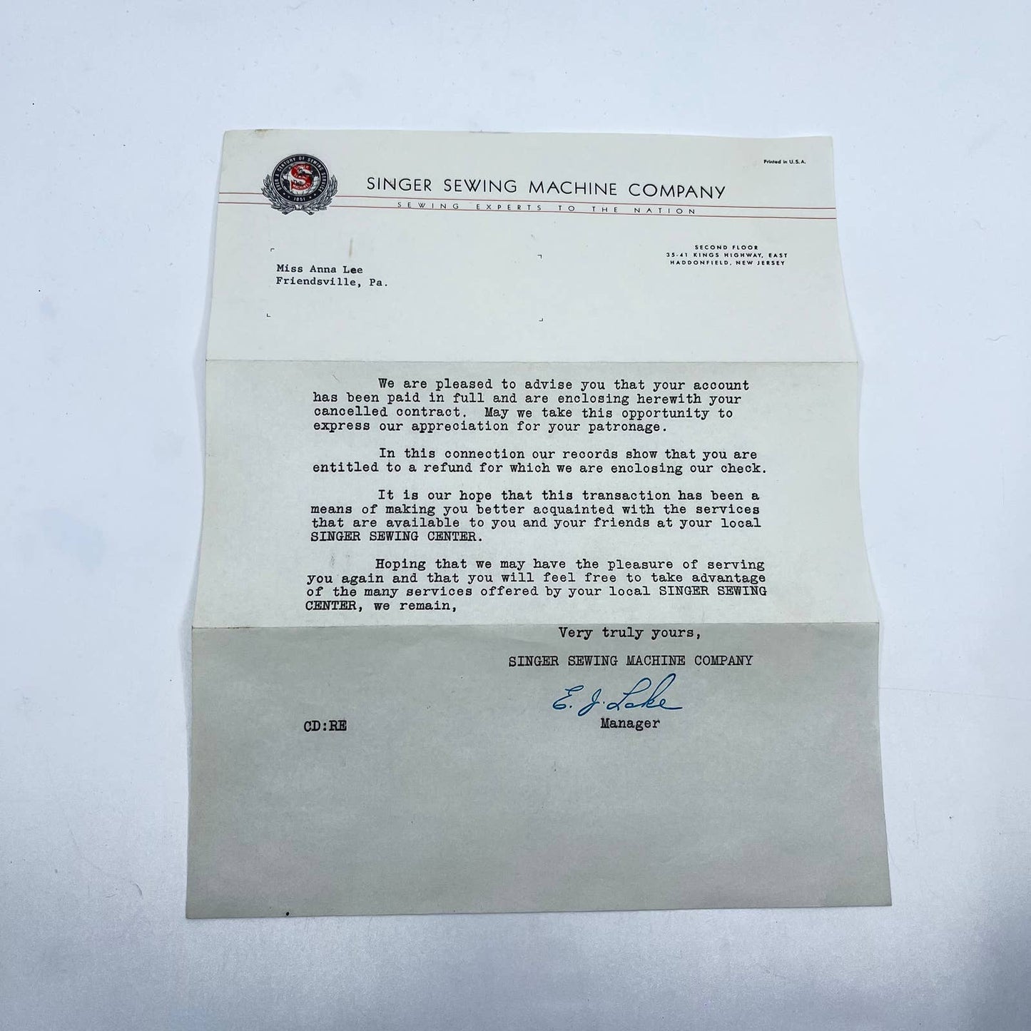 1950s Singer Sewing Machine Company Letterhead with Note SC6