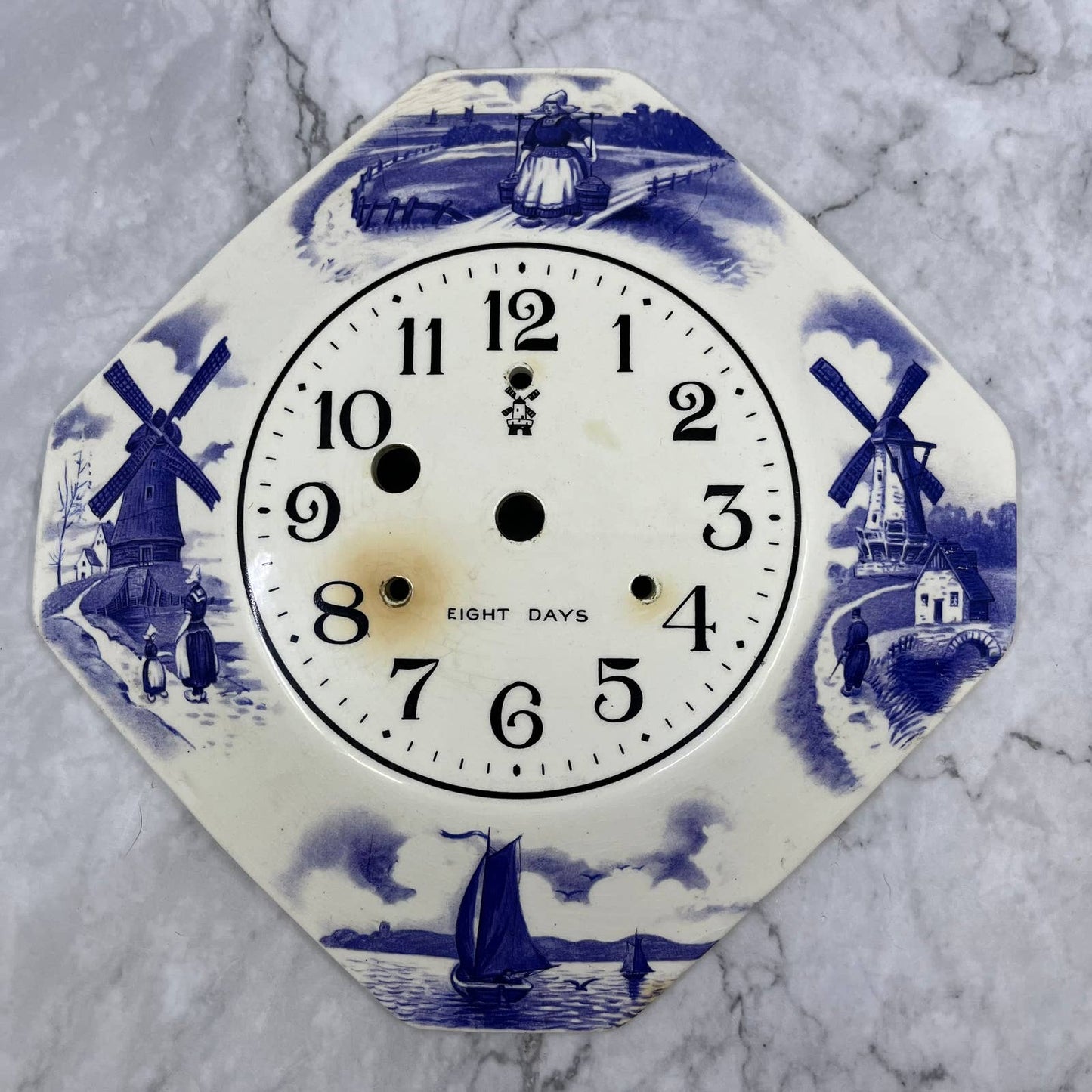 1930s Irving Miller Eight Day Porcelain Wall Clock Face Blue Delft TI9