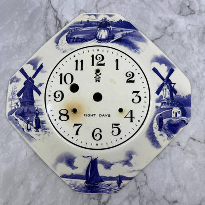 1930s Irving Miller Eight Day Porcelain Wall Clock Face Blue Delft TI9